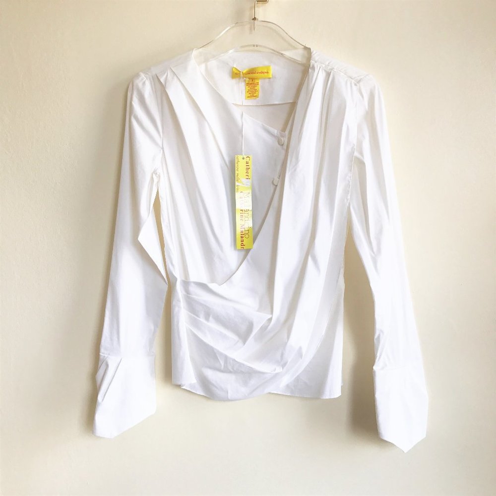 NWT Catherine Malandrino Stretch Cotton Poplin Faux Wrap Blouse White Shirt Sz 2